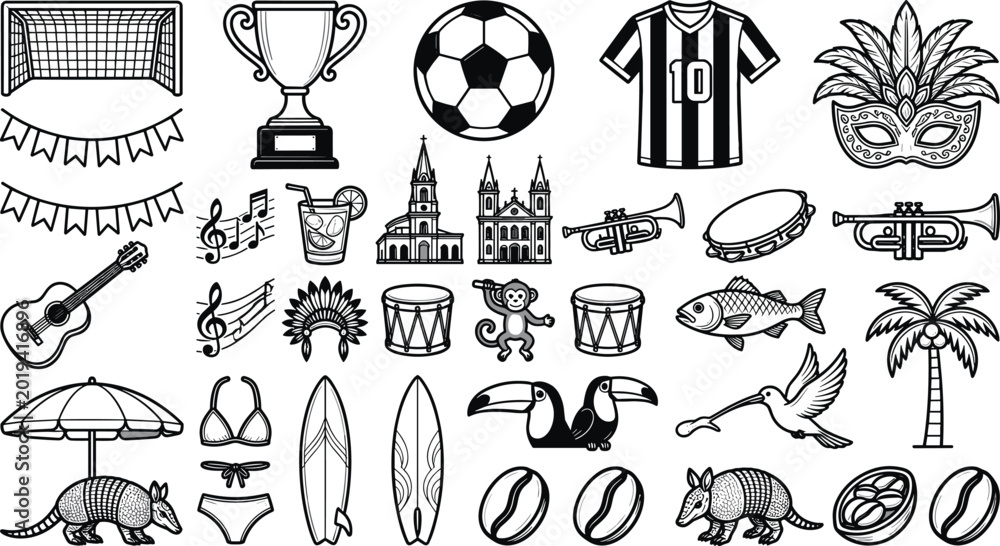 Fototapeta premium Brazil culture and tourism icon set featuring football soccer symbols carnival masks tropical animals like toucan and armadillo coffee beans and beach surfing elements isolated on white background