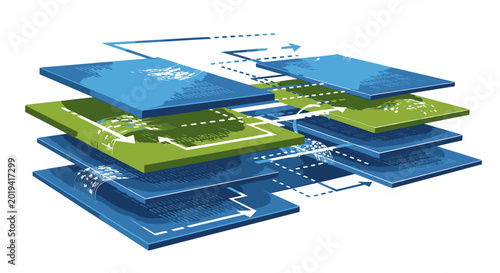 Isometric layered platforms showing digital mapping and cloud data infrastructure