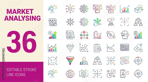 Vászonkép Market analysis icons set with thirty six editable line vector illustrations