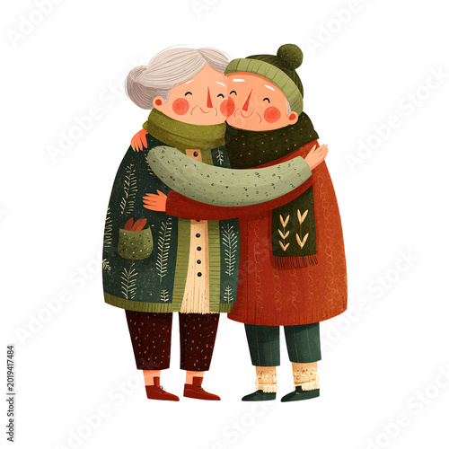 Elderly Women Christmas Hugging: Professional High-Quality Transparent Background Image