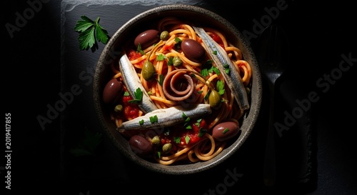 Delicious Spaghetti with Sardines and Olives in a Rustic Bowl.