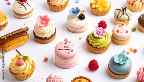 Birthday dessert table sweets collection, isolated on pure white background, ultra realistic food photography