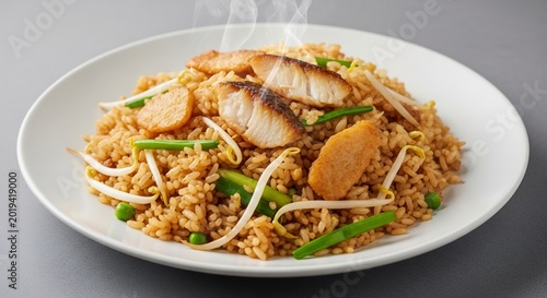 Delicious Steamed Fish Fried Rice with Fresh Vegetables and Bean Sprouts.