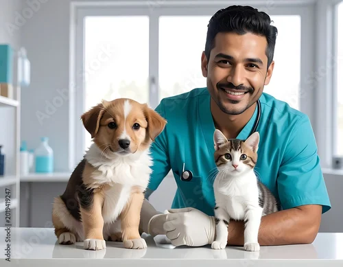 Obraz Veterinarian with dog and cat.