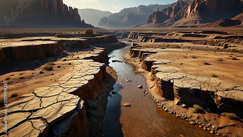 HDR Aerial View of Rugged Canyon with Dust Haze and Deep Ground Fractures