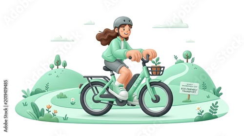 3D Illustration of a Girl Riding an Eco-Friendly Electric Bicycle in a Green Landscape