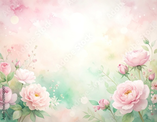 A soft watercolor background featuring delicate pink roses and rosebuds with green leaves framing a light, ethereal center.