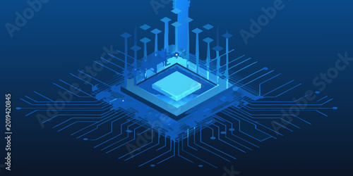 Glowing blue microchip with circuit board pattern on a dark blue background high quality professional