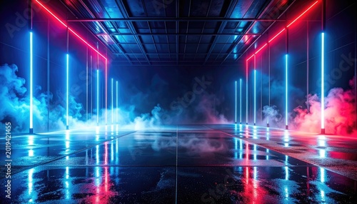 A vibrant futuristic corridor illuminated by contrasting blue and red neon lights amidst swirling smoke and reflections.