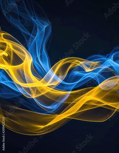 Dynamic waves of luminous blue and golden-yellow light intertwine on a dark background, creating an abstract and energetic visual.