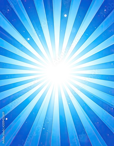 A dynamic abstract background featuring radiating blue and white light rays with sparkling particles creating a vibrant, energetic visual.