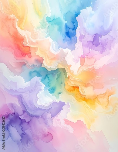 A vibrant watercolor painting featuring a soft, swirling blend of pastel colors creating an ethereal, cloud-like abstract pattern.
