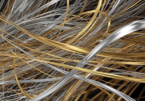 Intertwining strands of polished gold and silver metallic elements create a dynamic abstract background