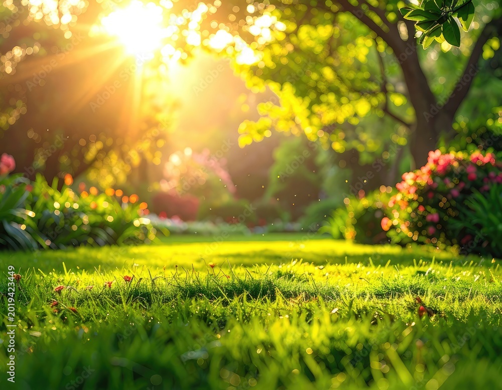 Obraz premium Golden sunlight illuminates a vibrant green lawn and garden with lush trees and flowering bushes.