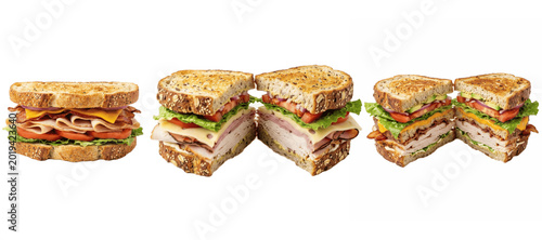 Obraz na plátně Stacked deli sandwiches in three variations on white background, whole grain bre