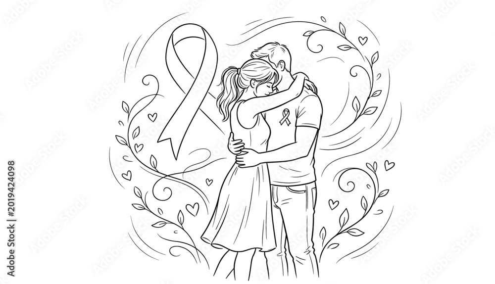 Obraz premium Breast Cancer Awareness Illustration Featuring Loving Couple Pink Ribbon Support Hope and Emotional Healing Concept
