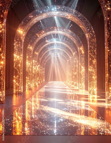 A dazzling pathway of shimmering golden arches and reflective glitter under dramatic spotlights.