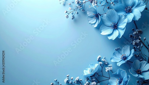 Light blue flowers and delicate white blossoms gracefully frame a soft blue background, creating an elegant floral design.