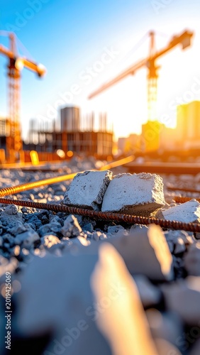 A low-angle view of a construction site with rebar and broken concrete in the foreground and towering cranes illuminated by a golden sunset.