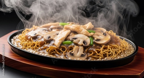 Steaming Hot Sizzling Chicken and Mushroom Noodles on a Cast Iron Plate.