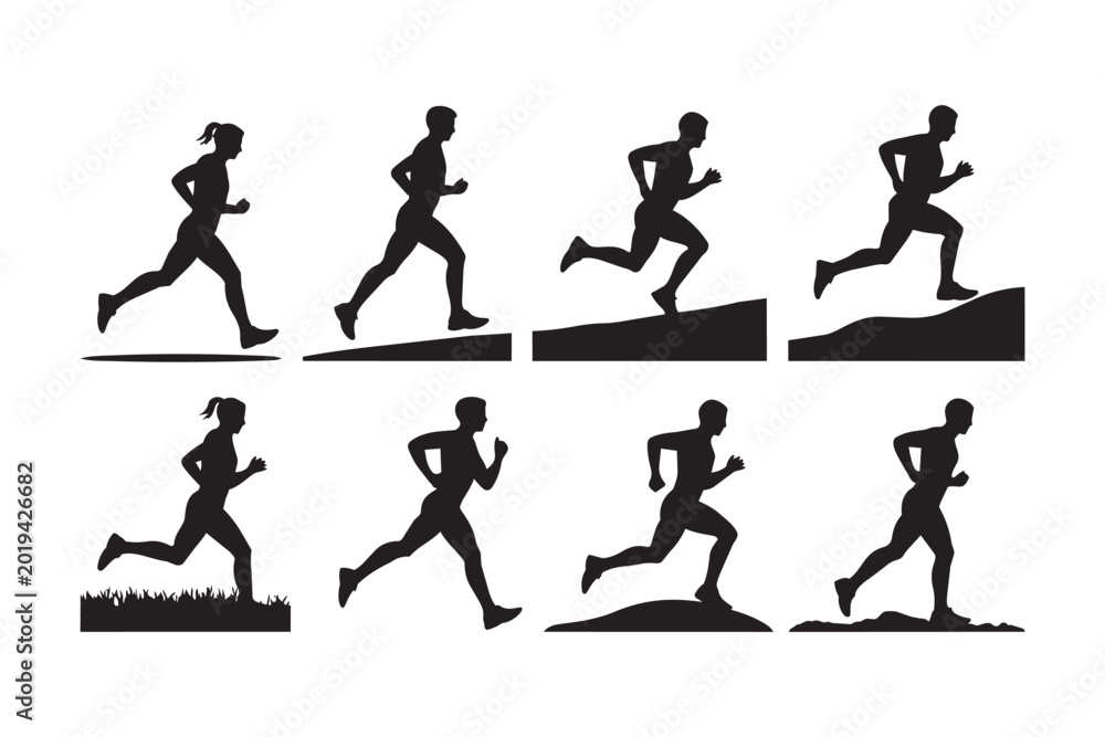Obraz premium Black silhouettes of runners jogging on grass hills and slopes. Collection of male and female athlete poses for sports and fitness illustrations vector.