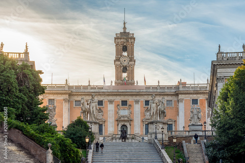 Michelangelo stairs to Capitoline hill with Conservators Palace (Palazzo dei Conservatori), Rome, Italy