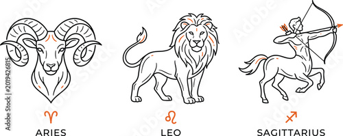 Foto Flat vector line art illustration set featuring fire zodiac signs Aries ram, Leo