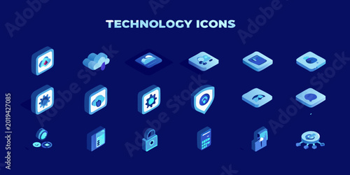 Foto Isometric technology icons collection in a grid layout blue and white color sche