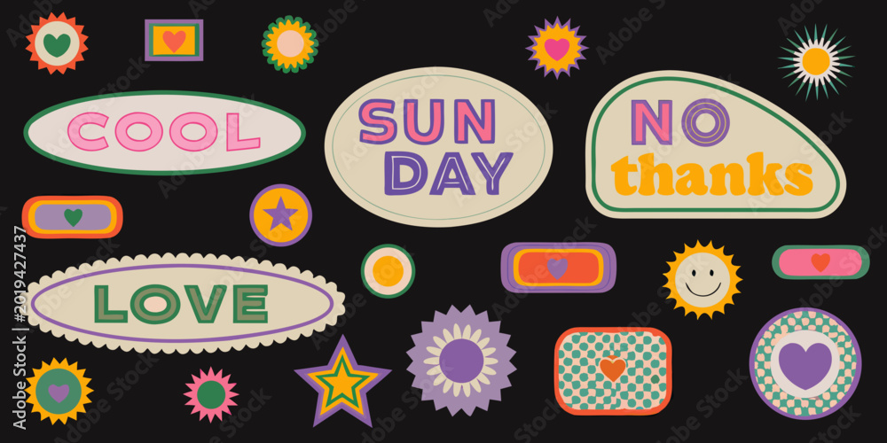 Fototapeta premium Colorful sticker collage with playful text and shapes on a dark background high quality professional
