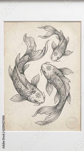 Elegant Koi Fish Holiday Art in Graphite Style, Golden Koi Holiday Art, Prosperity Fish Background, Lucky Koi Celebration, 