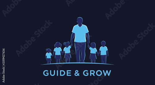 Adult and children standing together in a group, symbolizing guidance and growth.