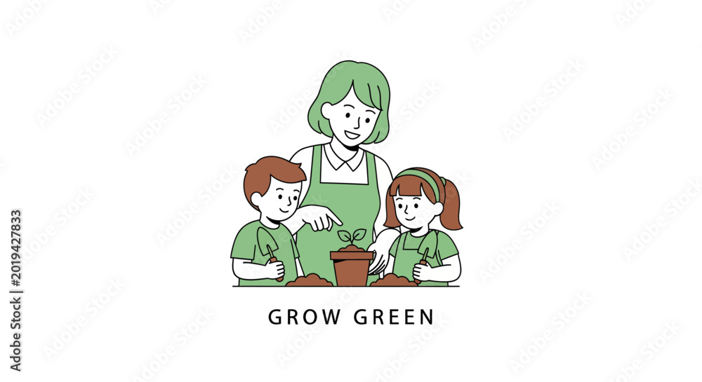 Fototapeta premium Children and adult planting a small plant together.