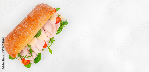 Turkey ham sandwich with cheese and greens on white background with copy space