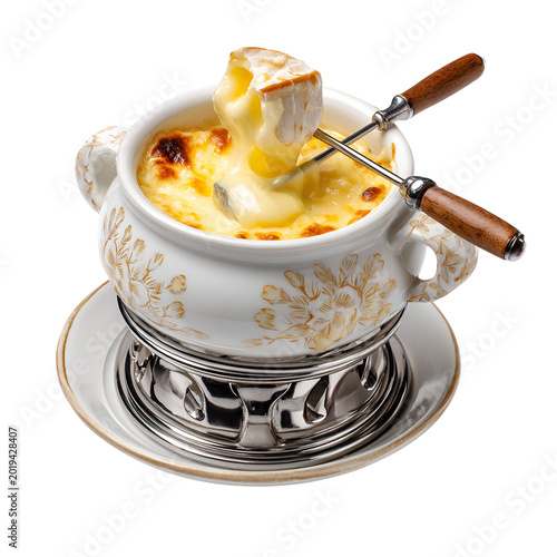 Traditional fondue served in ornate ceramic pot with melting cheese and bread