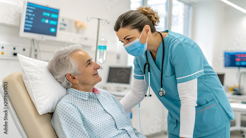 Compassionate Nurse Caring for Elderly Patient in Modern Hospital Room