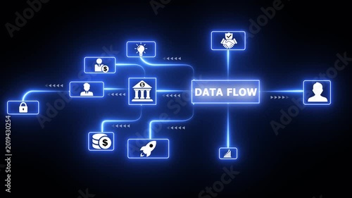 Futuristic data flow network interface animation featuring glowing digital icons for advanced information stream, artificial intelligence processing, and high-tech connectivity.