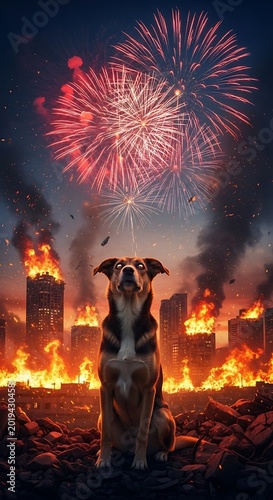 Canine companion witnesses fiery urban destruction beneath dramatic pyrotechnics