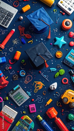 A vibrant and playful flat lay composition of educational items, graduation caps, and stationery on a dark blue background, celebrating learning and academic success.