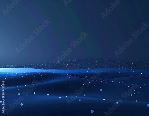 An abstract dark blue digital landscape featuring undulating waves, glowing dots, and flowing particles, suitable for modern technological themes.
