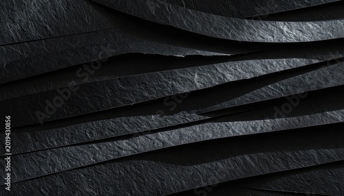 Abstract composition of overlapping dark textured strips creating a dynamic background.