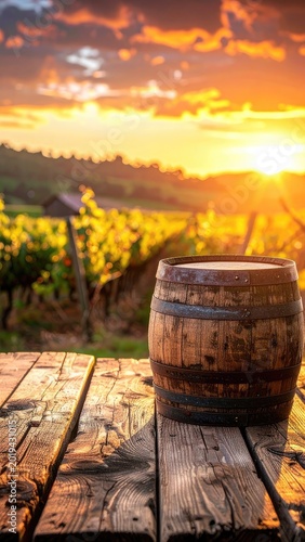 A weathered wooden barrel sits on a rustic timber table overlooking a vibrant vineyard bathed in the golden light of sunset.