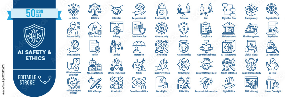 Naklejka premium AI Safety Ethics Icon Set Vector Template 50 Responsible Artificial Intelligence Outline Symbols Blue Editable Stroke Web App 