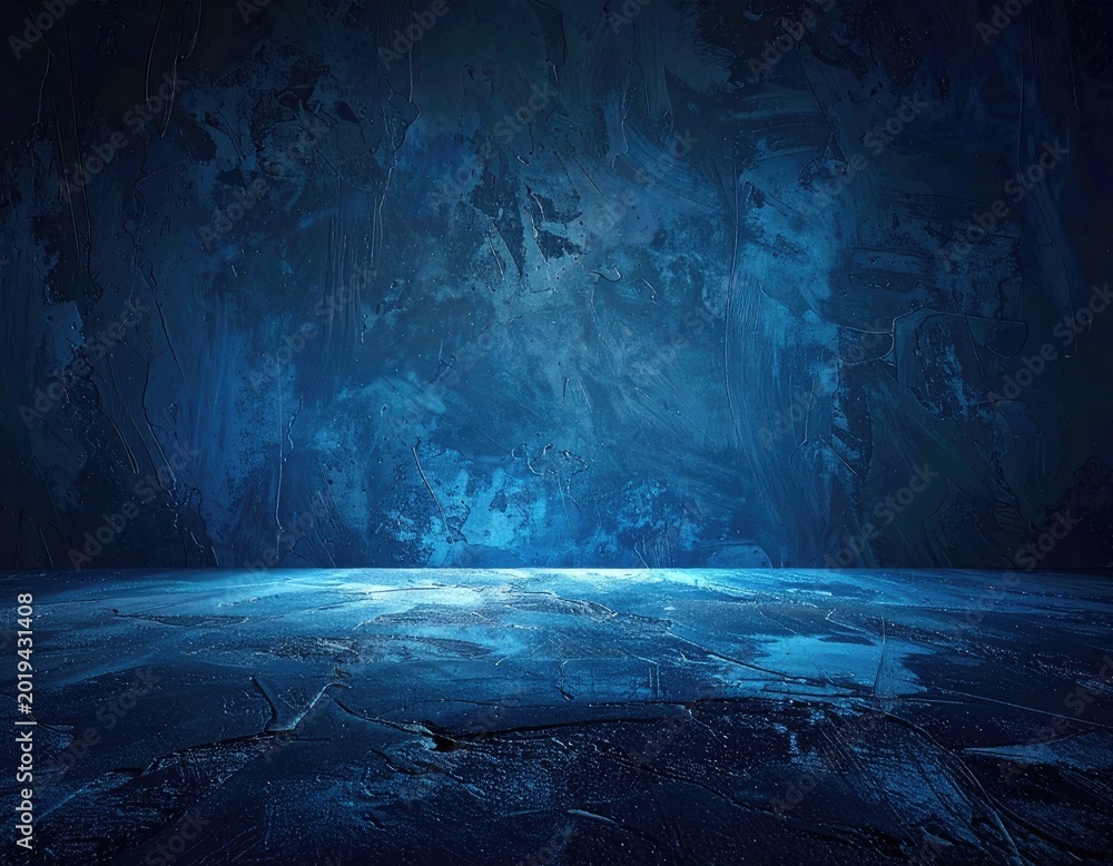 Obraz premium A dark, textured blue wall and floor create a dramatic, moody stage-like background with bright spotlighting.