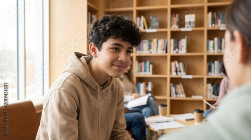 Smiling teenage boy student studying with classmates in a library. Group study session and collaborative learning concept for education.