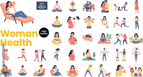 Photos Flat vector illustration set of women practicing healthy lifestyle habits includ