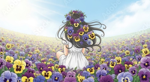 Back view of a woman with flowing hair adorned by purple and yellow flowers standing in a vast blooming field under soft sunlight, creating a dreamy spring atmosphere