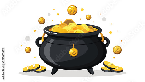 Obraz na płótnie Black cauldron overflowing with gold coins during a festive celebration with sca