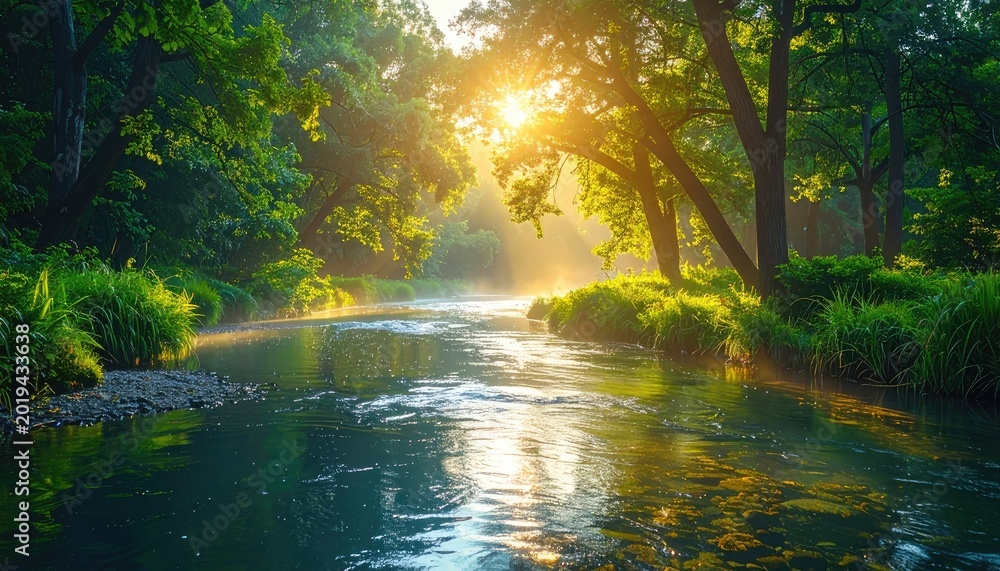 Obraz premium Sunlight streams through a lush green forest, illuminating a peaceful river winding through the serene landscape.