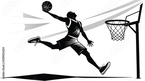 Fotografie Basketball player dunking with ball in motion during a game against a net in sil