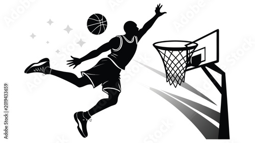 Bild auf Leinwand Silhouette athlete dunking basketball in hoop against white background with grap
